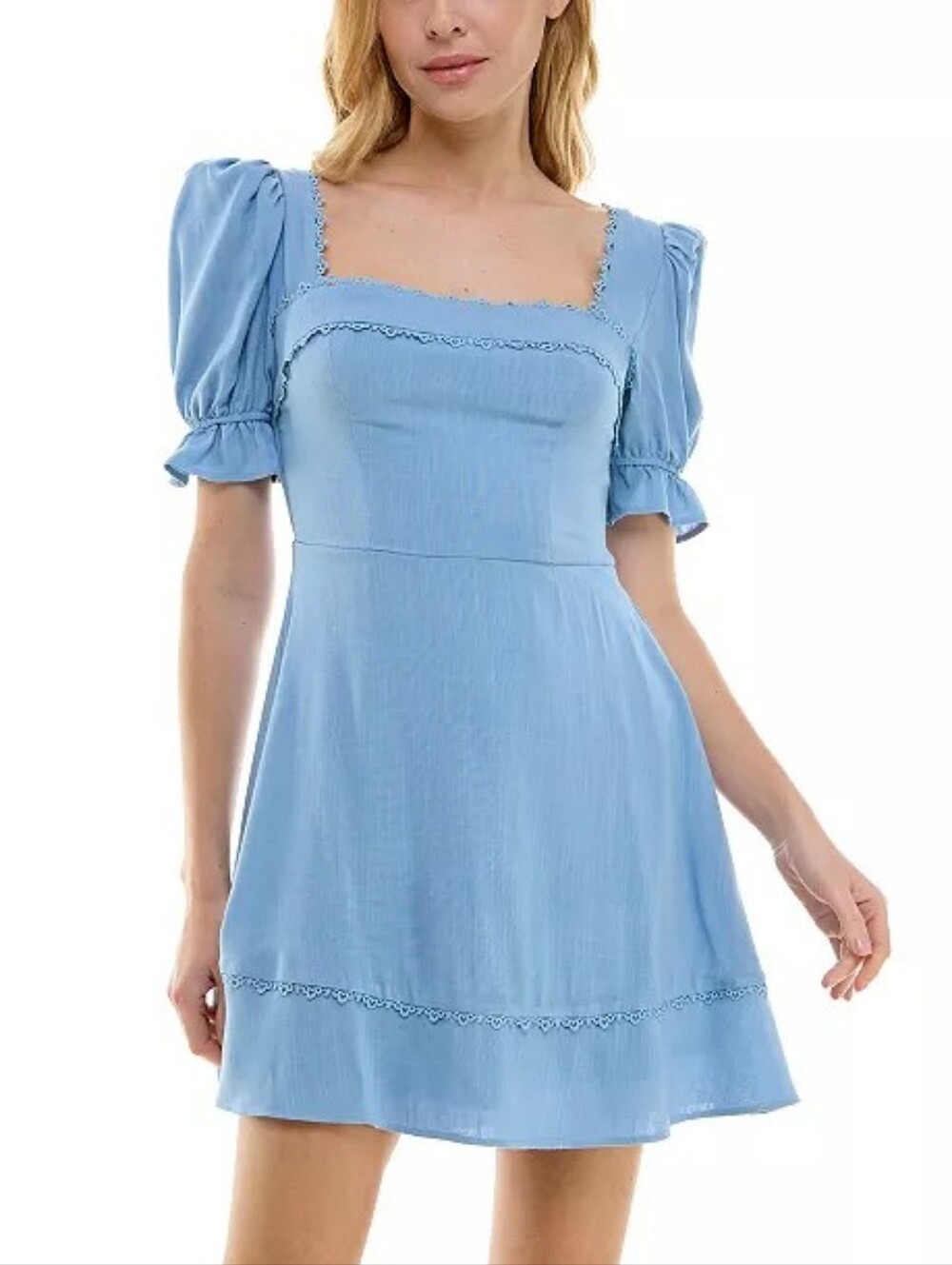 Light Blue Square-Neck Puff Sleeve Mini Dress